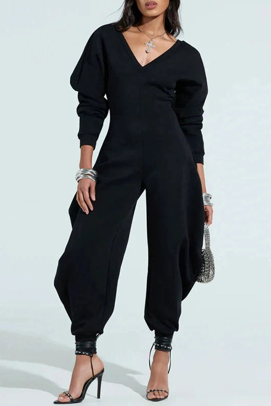 Glorol - Long Sleeve Deep V-Neck High Waist Jumpsuit