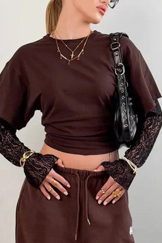 Glorol - Lace Long Sleeve Printed High Waist Top