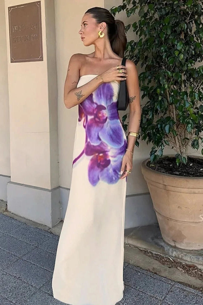 Glorol - Printed Strapless Off-Shoulder Backless Sleeveless Maxi Dress