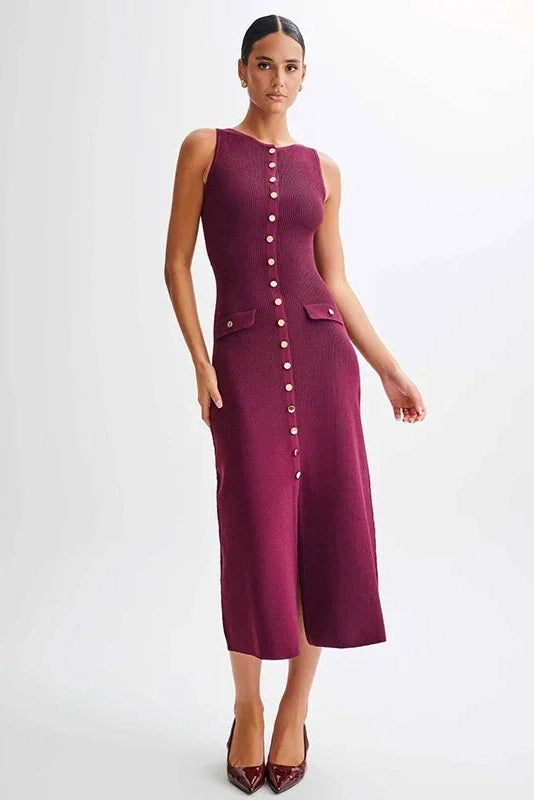 Glorol - Elegant Knitted Sleeveless Button Bodycon Midi Dress