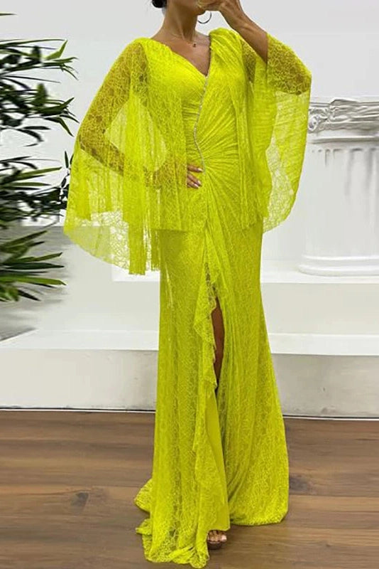Glorol - Hollow Lace Embroidery V-Neck Slim Split High Waist Maxi Dress