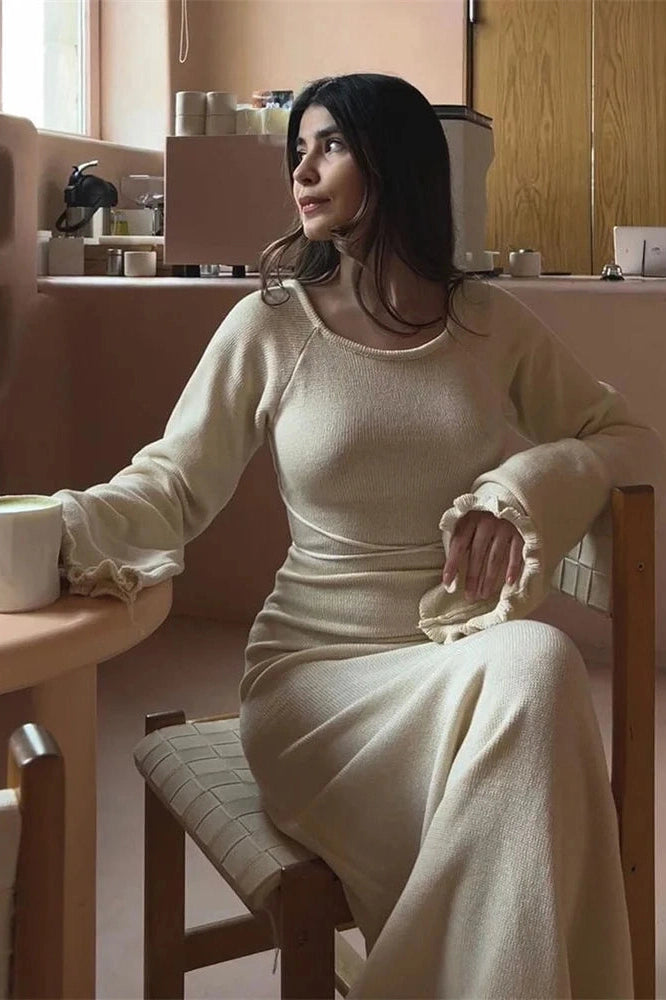 Glorol - Backless Knit Lace-Up High Waist Long Sleeve Maxi Dress