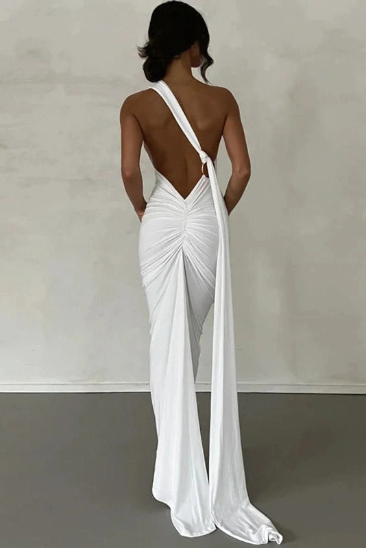 Glorol - Oblique Shoulder Sleeveless Backless Maxi Dress