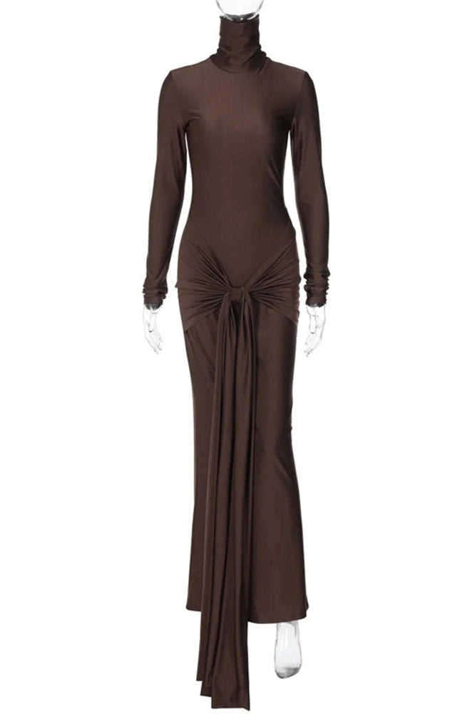 Glorol - Slim Pleated Long Sleeve Lace-Up Maxi Dress