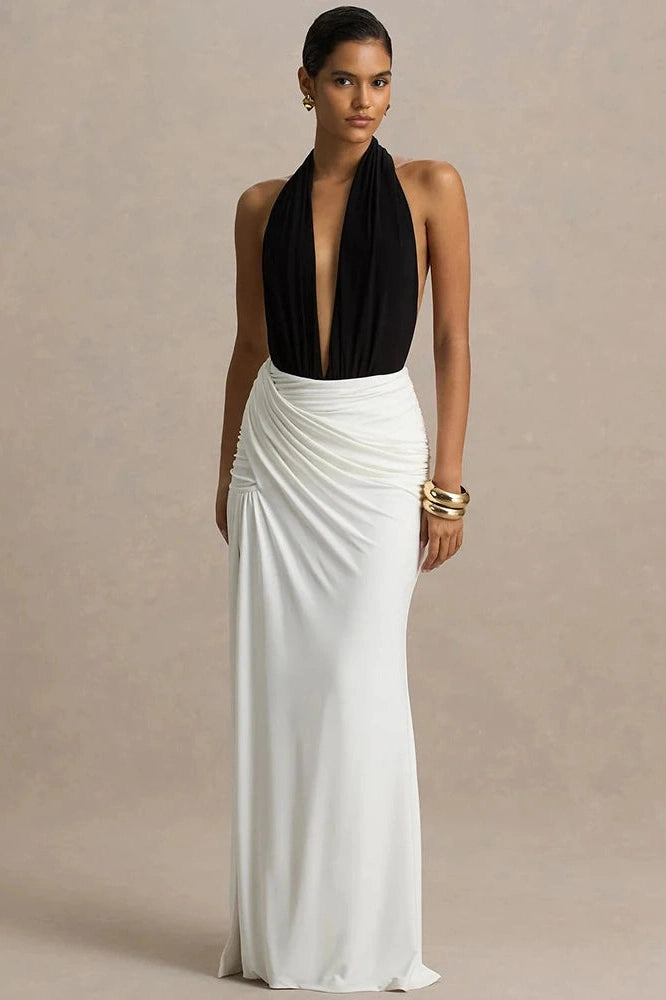Glorol - Backless Patchwork Deep V Neck Sleeveless High Waist Split Maxi Dress