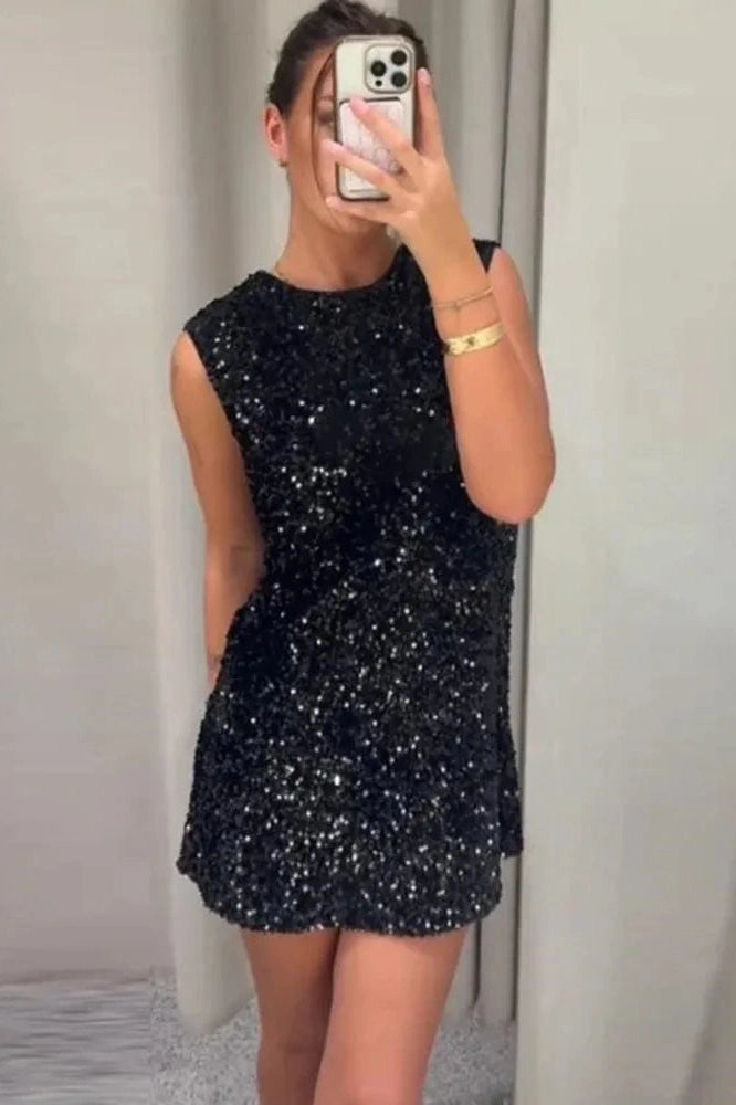 Glorol - Backless Sleeveless A-line Sparkle Mini Dress