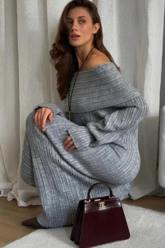 Glorol - Knitted Off-Shoulder Long-Sleeved Slim High Waist Backless Maxi Dress