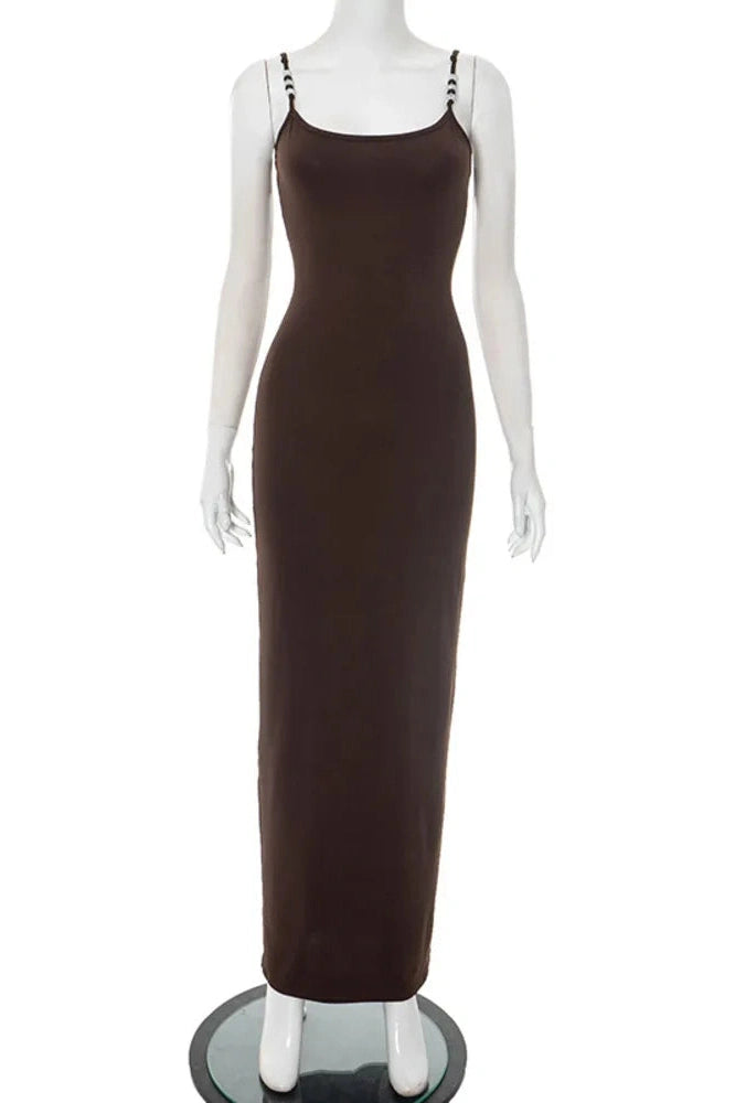 Glorol - Spaghetti Strap Backless Sleeveless Split Bodycon Maxi Dress