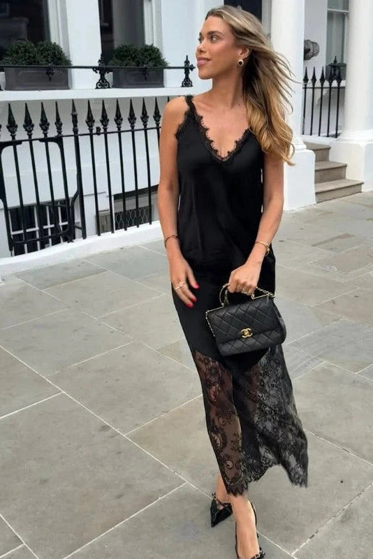 Glorol - Hollow Lace Loose Backless V-Neck Sleeveless Maxi Dress