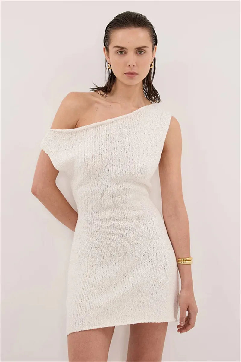 Glorol - One Shoulder Knitted Slim Mini Dress