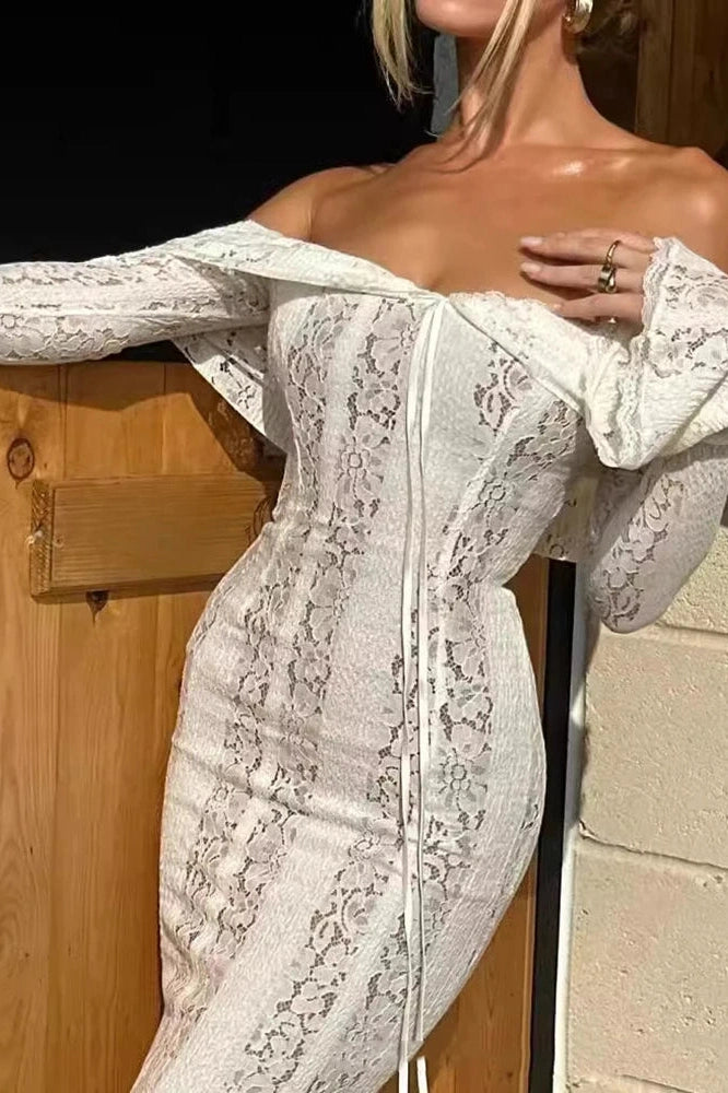 Glorol - Lace Off-shoulder Strapless Long Sleeve Backless Maxi Dress