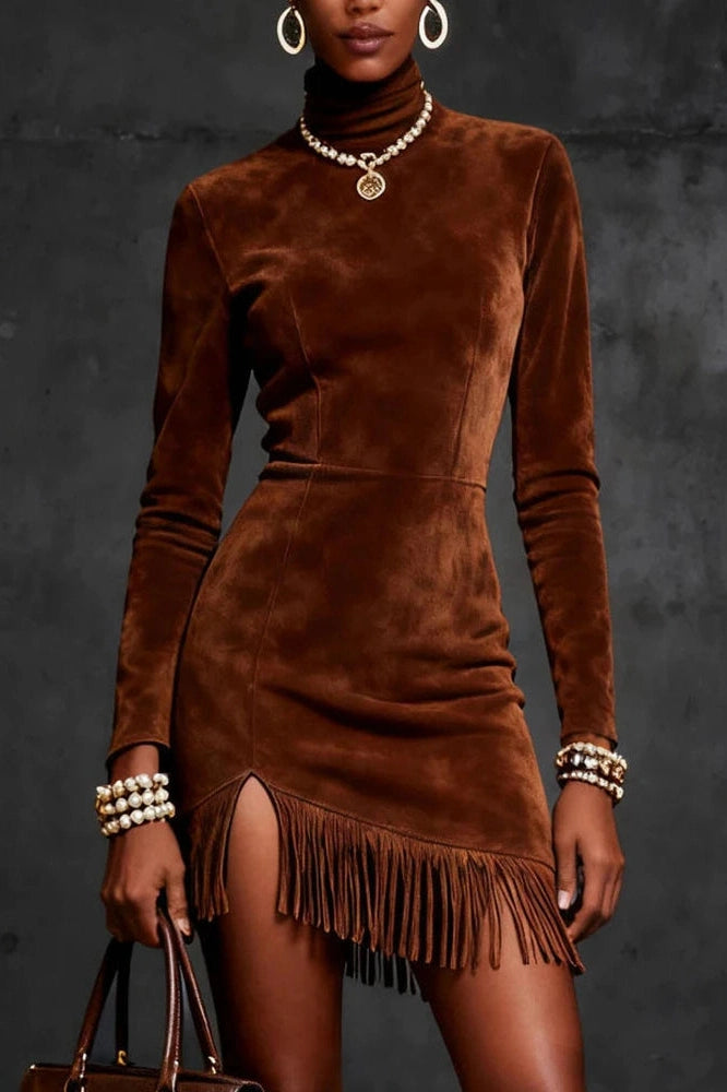 Glorol - Elegant Turtleneck Long Sleeve High Waist Mini Dress