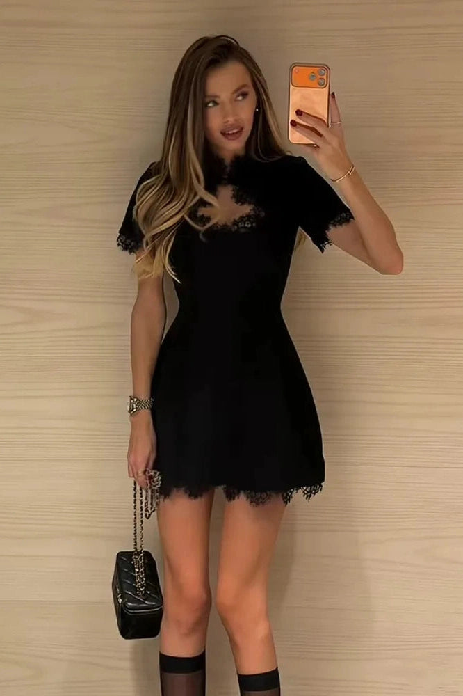 Glorol - Lace Hollow Out Patchwork Short Sleeve Printed Mini Dress