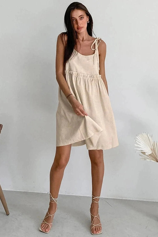 Glorol - Spaghetti Strap Loose Cotton Lace Up Mini Dress