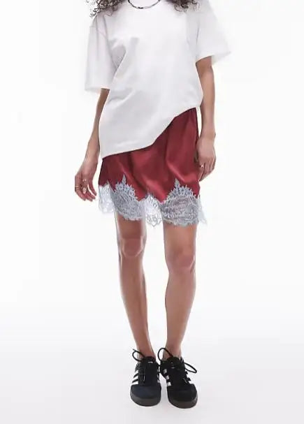 Glorol - Elastic Waist Lace Trimmed Skirt