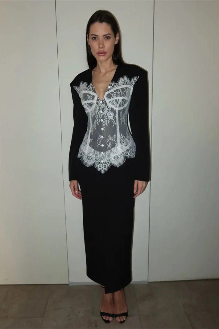 Glorol - Deep V Neck Long Sleeve Lace Patchwork Split Bodycon Maxi Dress
