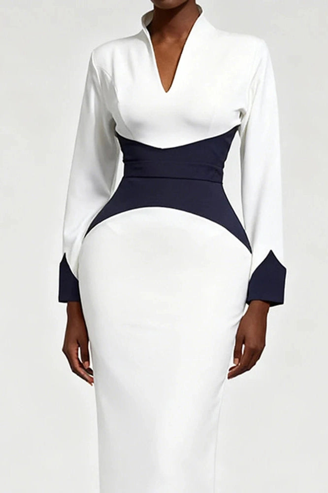 Glorol - Elegant Long Sleeve Bodycon Deep V-Neck Slim Midi Dress