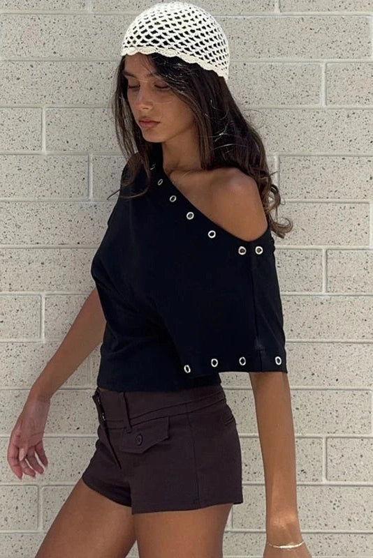 Glorol - Hollow-Out One-Shoulder Slim Top