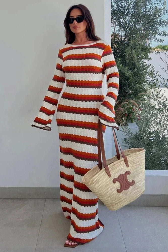 Glorol - Hollow Out Striped Long Sleeve Loose Maxi Dress