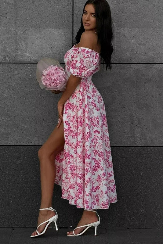 Glorol - Off Shoulder Floral Print Short-Sleeved Lace-Up Slit Maxi Dress