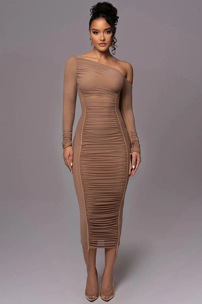 Glorol - Diagonal Collar Long Sleeve Backless Midi Dress