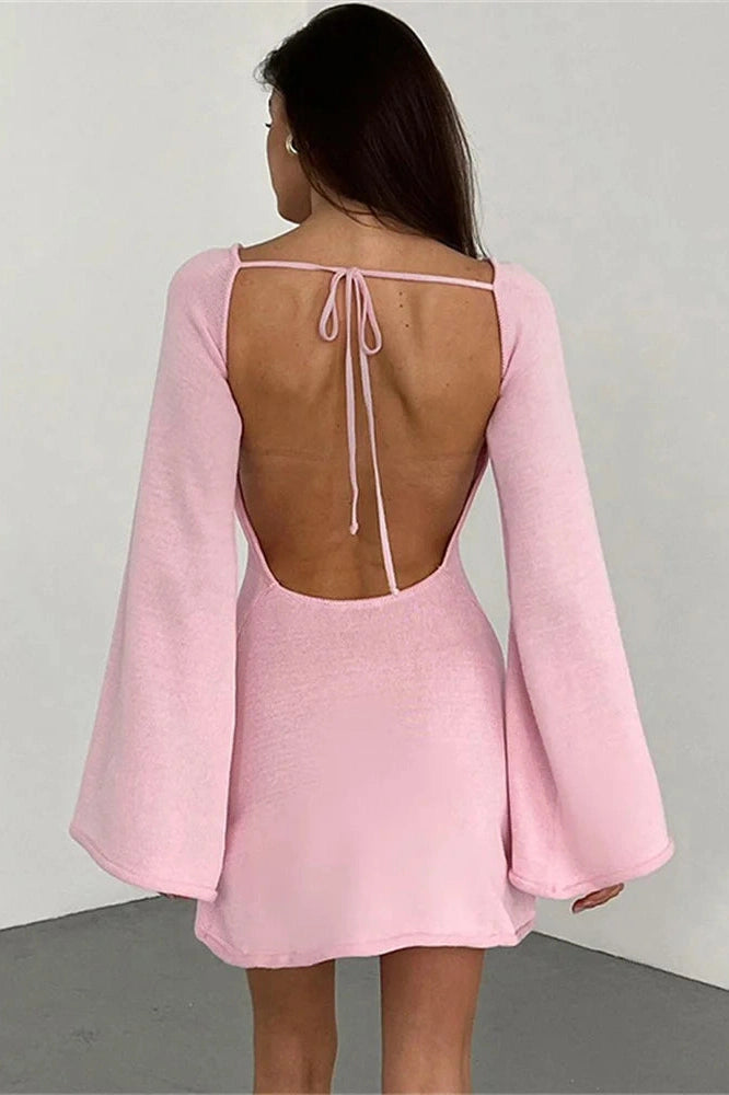 Glorol - Backless Lace-Up Long Sleeve High Waist Mini Dress