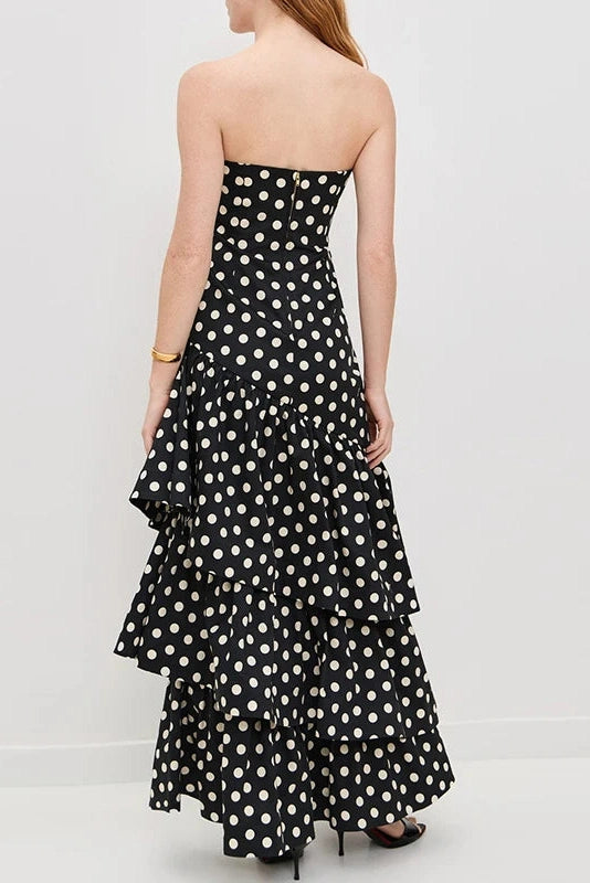 Glorol - Elegant Off Shoulder High Waist Polka Dot Print Maxi Dress