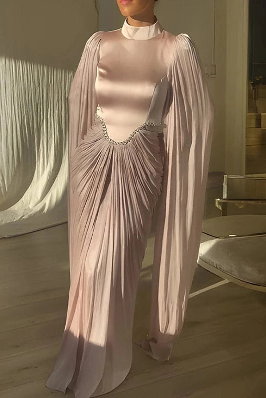 Glorol - Long Sleeve High Waist O-Neck Pleated Maxi Dress