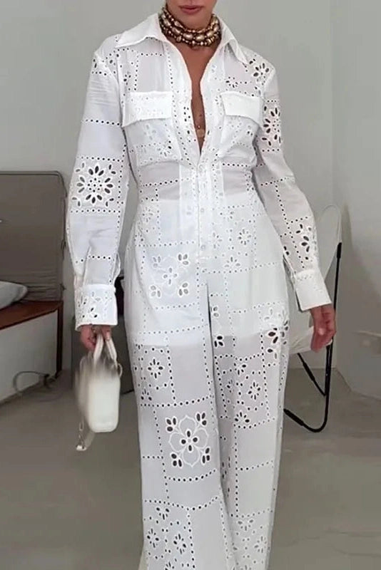 Glorol - High Waist Lace Hollow Out Wide Leg Jumpsuit