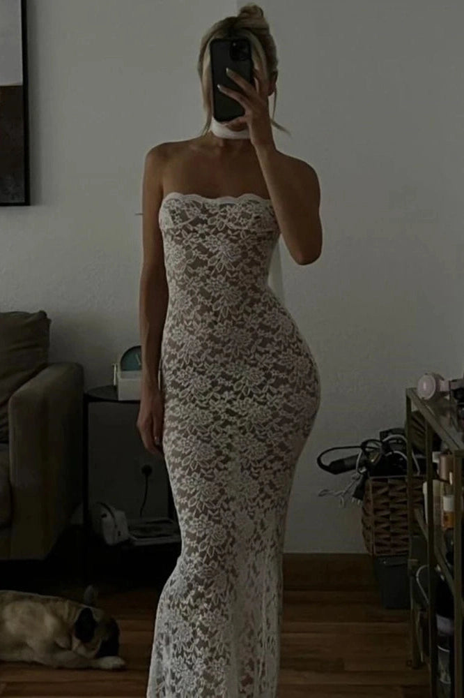 Glorol - Lace See Through Off-shoulder Strapless Sleeveless Midi Dress