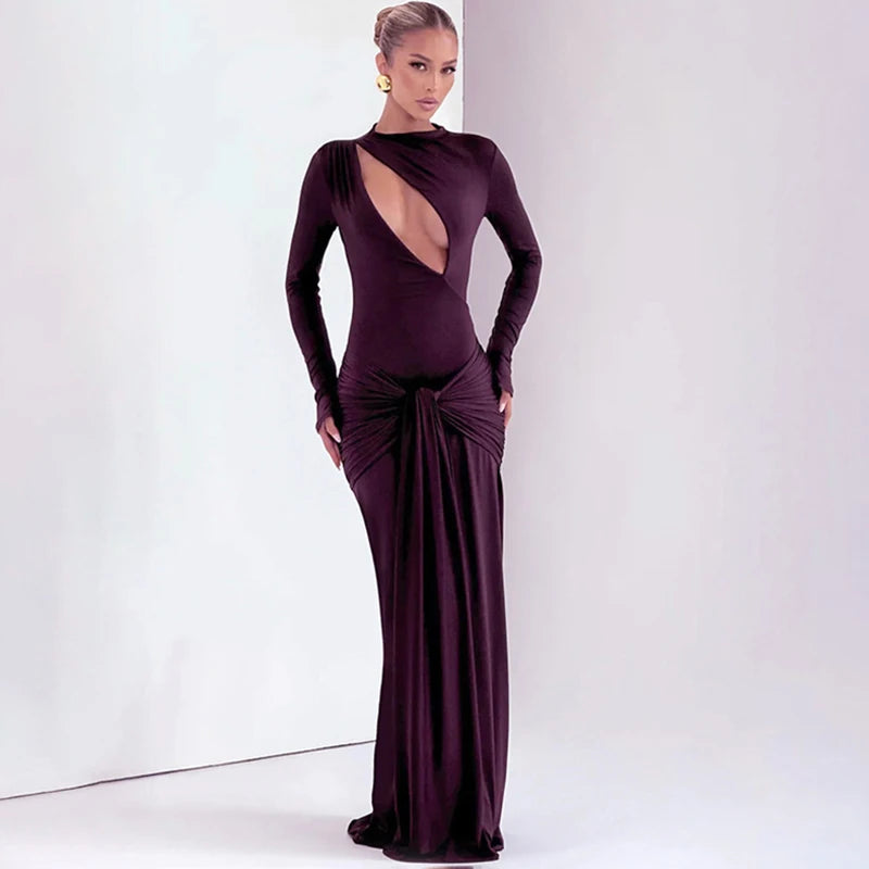 Glorol - Hollow Out Slim Long Sleeves Maxi Dress