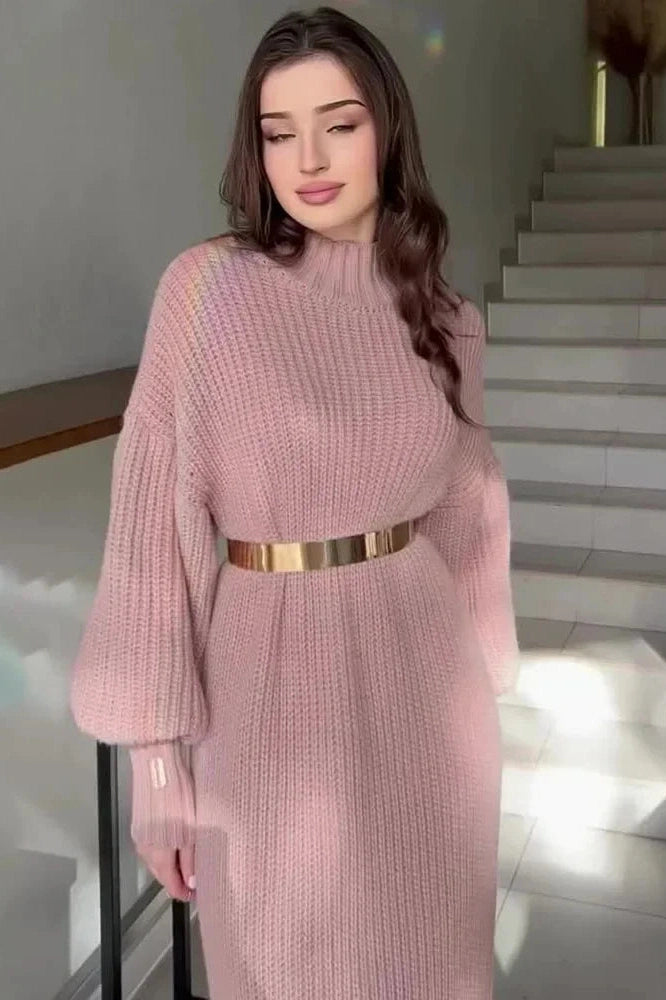 Glorol - Elegant Knitted Turtleneck Long Sleeve Maxi Dress