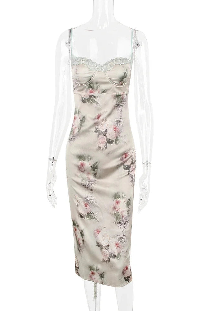 Glorol - Spaghetti Strap Lace Print Strapless Backless Midi Dress