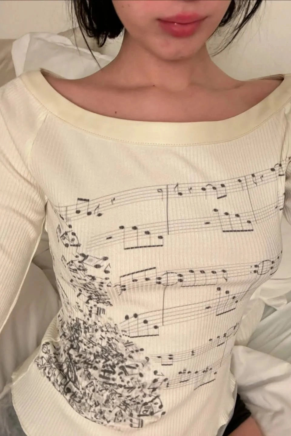 Glorol - Off-Shoulder Long Sleeve Print Slim Fit Top