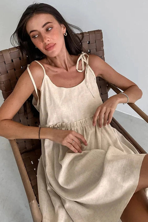 Glorol - Spaghetti Strap Loose Cotton Lace Up Mini Dress