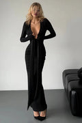 Glorol - Elegant Pleated V-Neck Maxi Dress