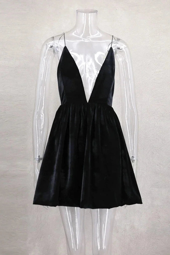 Glorol - Elegant Velvet Deep V Neck High Waist Spaghetti Strap Mini Dress