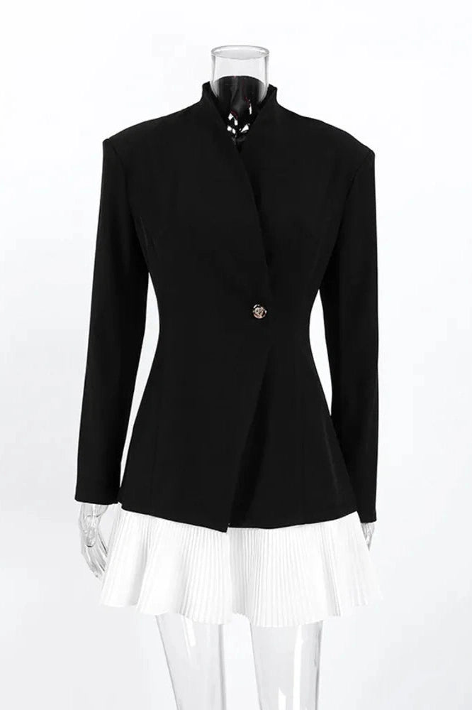 Glorol - Patchwork Long Sleeve V Neck High Waist Slim Mini Dress