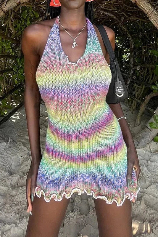 Elegant Backless Fit Pleated Knitted Sleeveless Mini Dress