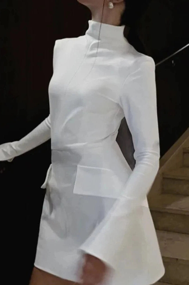 Glorol - Elegant Slim Two Pocket Long Sleeve A-Line Mini Dress