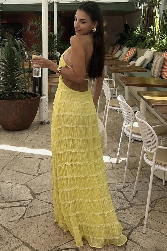 Glorol - Patchwork Lace-Up Backless High Waist Maxi Dress