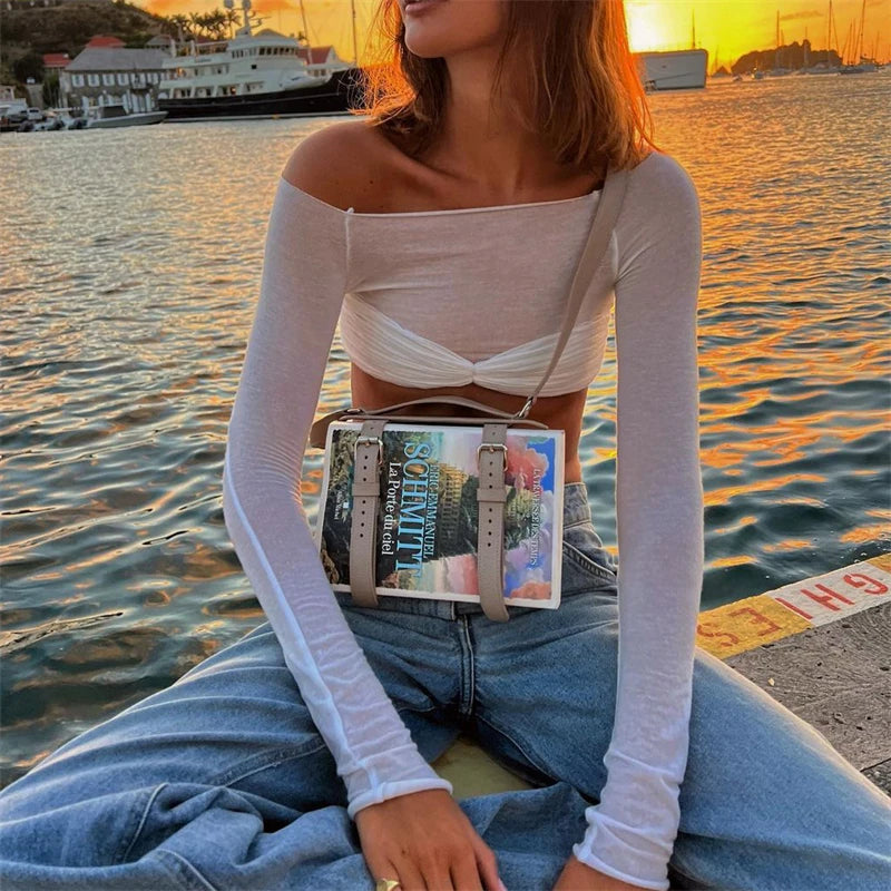 Glorol - See-Through Off-Shoulder Lace Long Sleeve Top