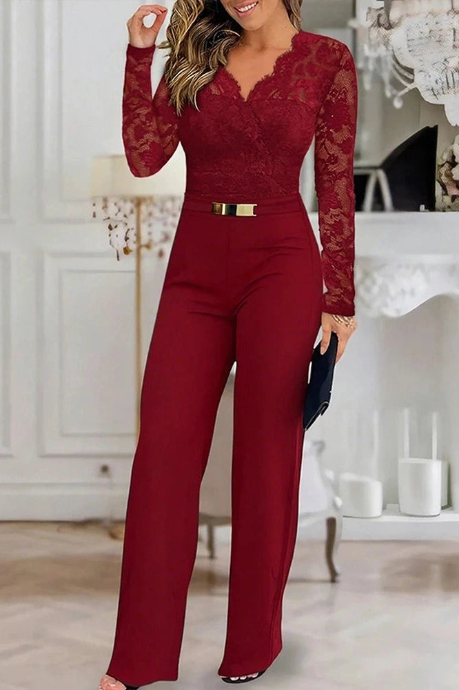 Glorol - High Waist V-Neck Lace Bodycon Jumpsuit