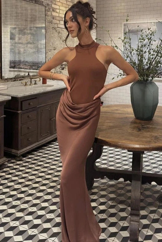 Glorol - Hollow Out Pleated O Neck Sleeveless Slim High Waist Maxi Dress