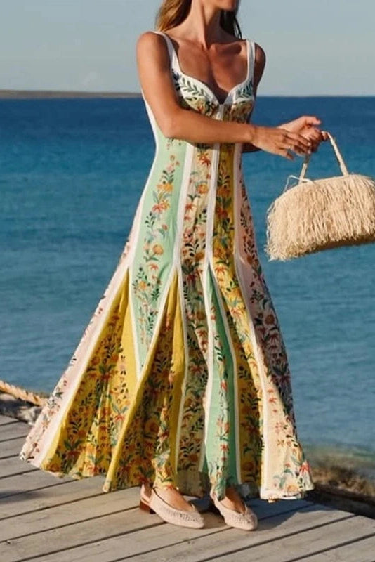 Glorol - Floral Printed Slim High Waist Sleeveless Pleated Maxi Dress