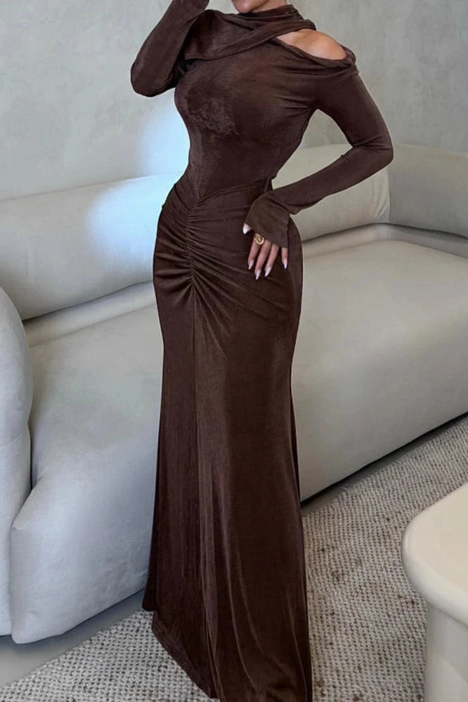 Glorol - Hollow Out High Waist Slim Long Sleeve Maxi Dress
