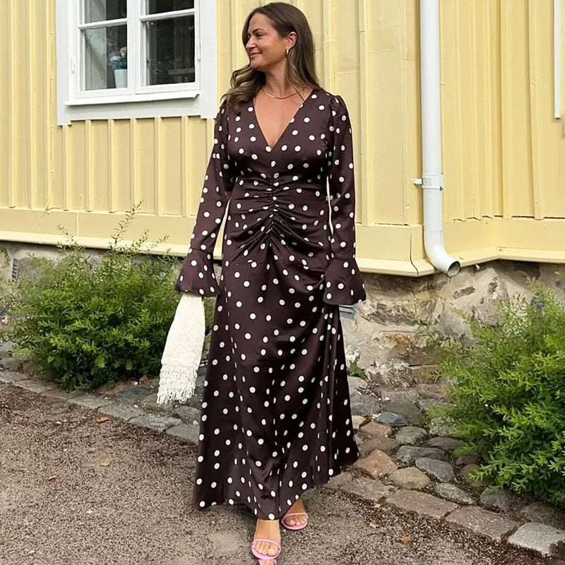 Glorol - Elegant V-Neck Polka Dot Patchwork Maxi Dress