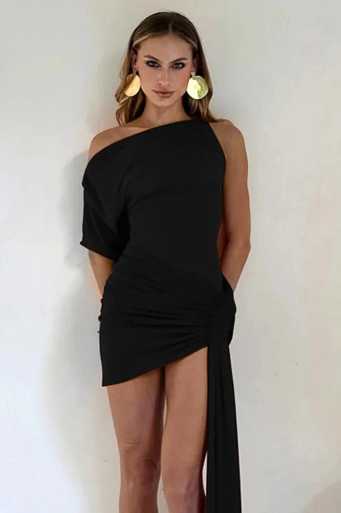 Glorol - Oblique Shoulder Backless Irregular Sleeveless Mini Dress