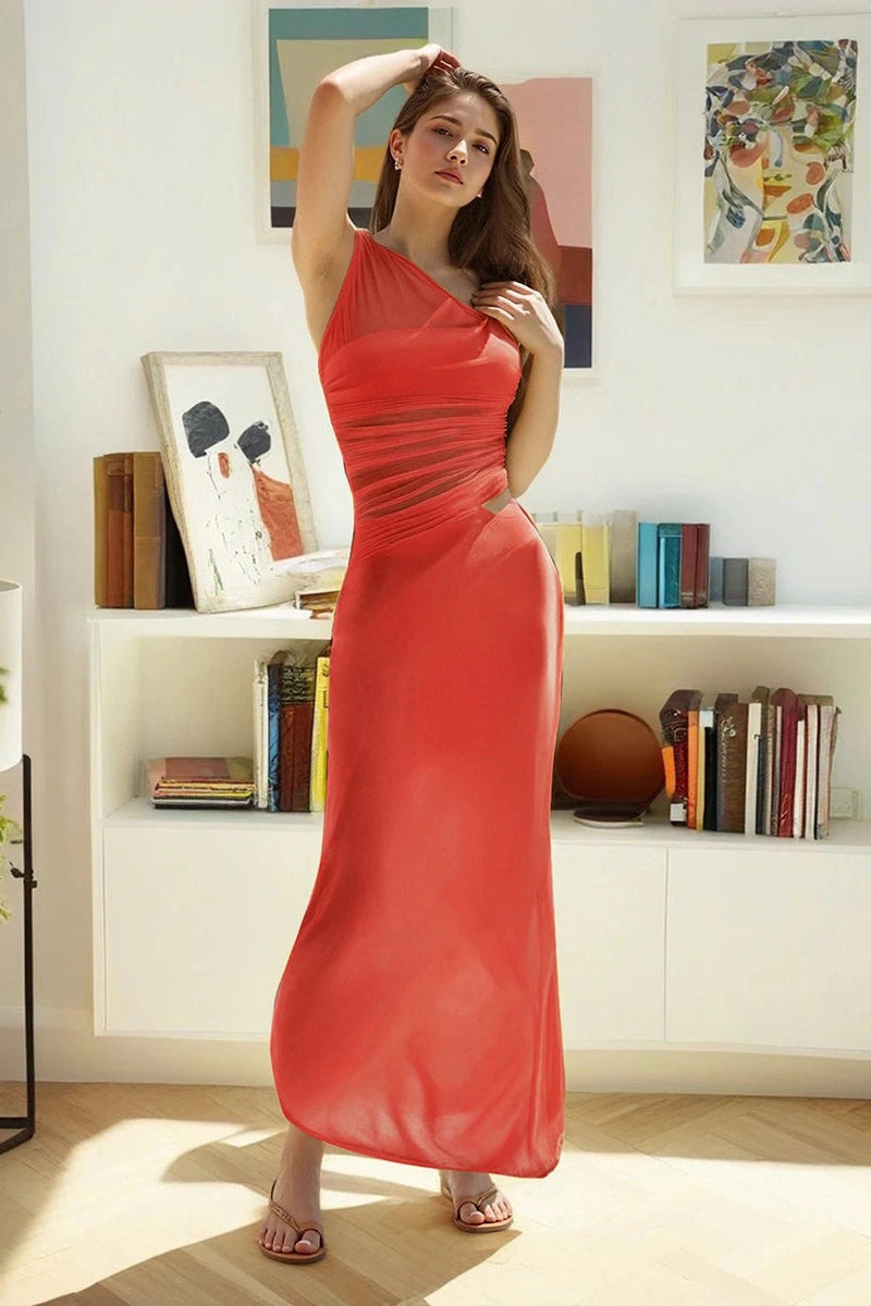 Glorol - Bodycon Slim One-Shoulder Patchwork Maxi Dress