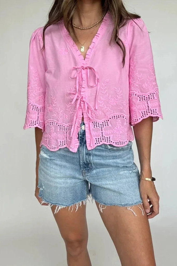 Glorol - Short Sleeve Loose Sleeve Patchwork Tie-Up Top
